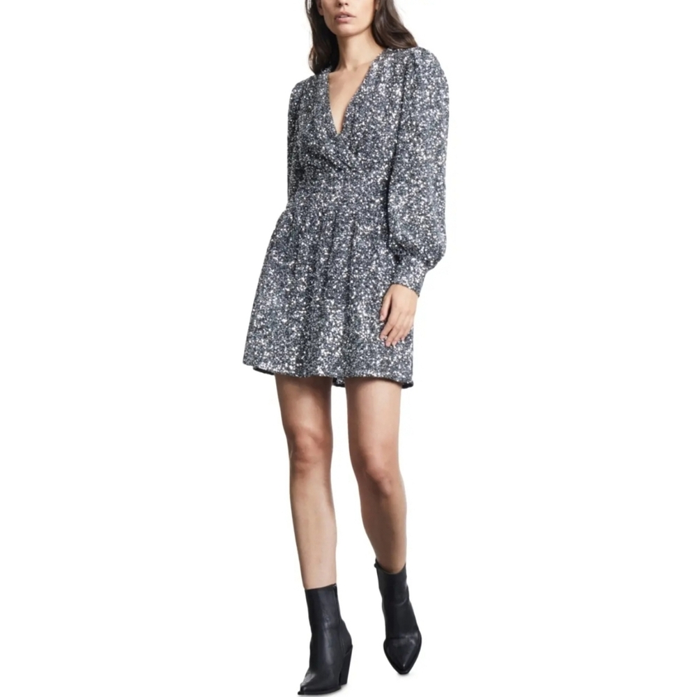 NWT The Kooples Puff Sleeve Sequin Mini Dress, Size 0 (XSmall), Color Silver